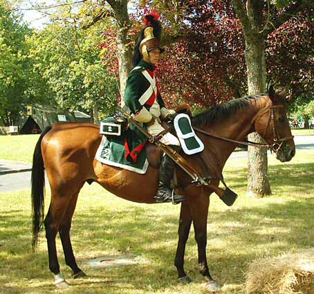 Le fusil �tait transport� dans une "botte" le long du cheval. Une courroie maintient la botte, l'autre est tourn�e autour de la grenadi�re. Les 2 courroies sont attach�es au chapelet (Pi�ce de cuir  reliant les 2 fontes)       Luc (Saumur 2002)